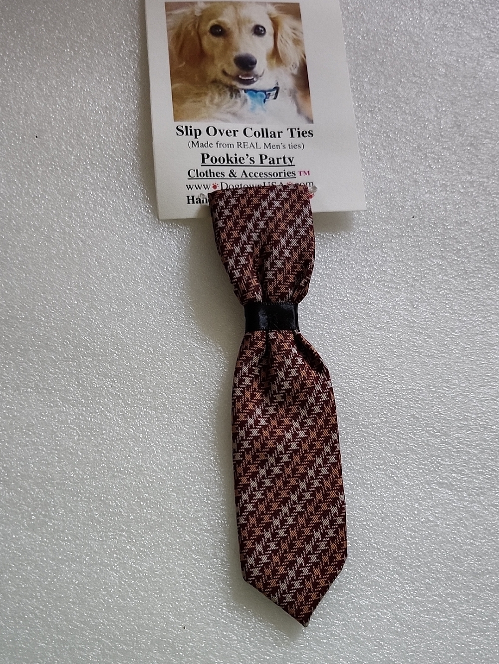 Hand Crafted Burgundy & Tan Houndstooth Slip-Over Collar Tie for Dogs